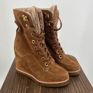 Veronica Beard Suede Shearling Lined Wedge Lace Up Boots Water Repellent 5M NWT